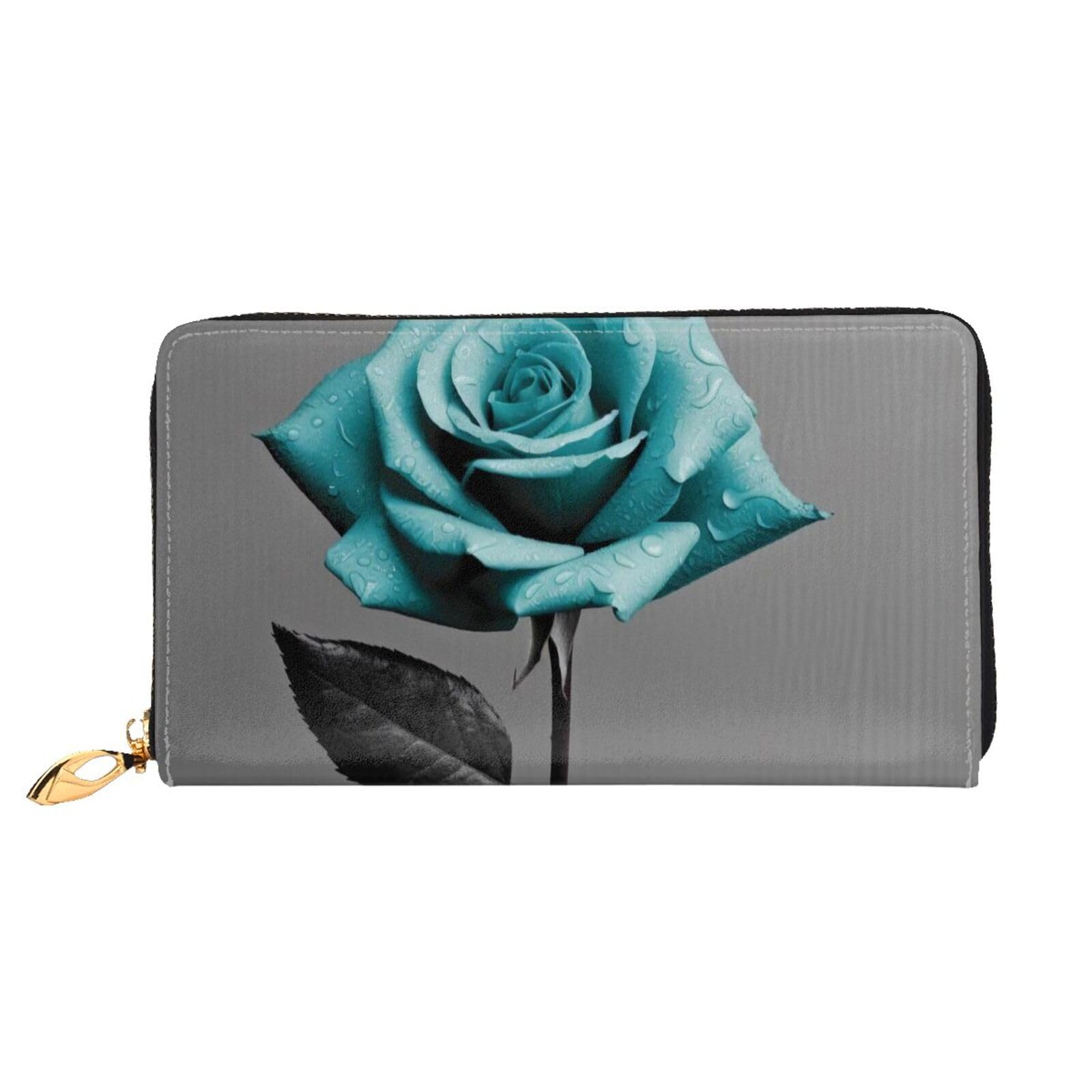 DENMER Gelbe Blumen Schmetterlinge Leder Geldbörse Kunstleder mit metallischem Reißverschluss geräumiges und stilvolles Accessoire für moderne Frauen Produkt, Blaugrüne Rose, Einheitsgröße, Modern