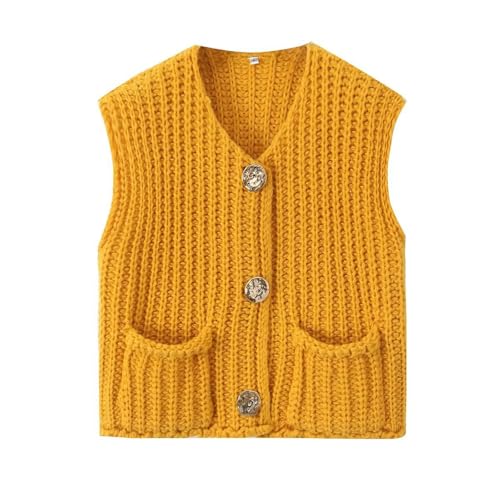 Sweater Vests Women 2024, Women's Button Front V Neck Sleeveless Crochet Solid Checkered Knit Sweater Vest with Pockets (Gold,X-Large)