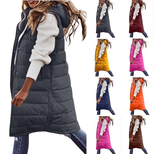 CSHE Wintermantel Damen Lang, Warm Steppmantel mit Kapuze, Daunenmantel Gefüttert Elegant Steppjacke Winterjacke, Ärmellose Weste mit Taschen und Kapuze