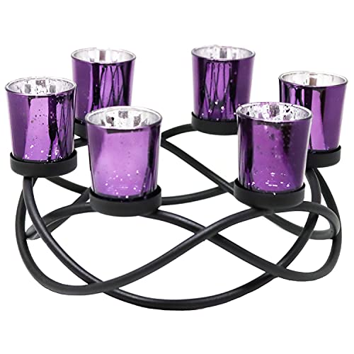 Seraphic Dining Table Tealight Candle Holder for Room Decor Centerpiece, Black, Purple Glass Votive 6 Cups