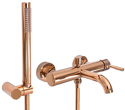 Rea Badewannenarmatur LUNGO ROSE GOLD Wasserhahn Badewanne Einhebel Wannenarmatur mit Handbrause Badarmatur aus Messing Mischbatterie Wandmontage (Rosegold)