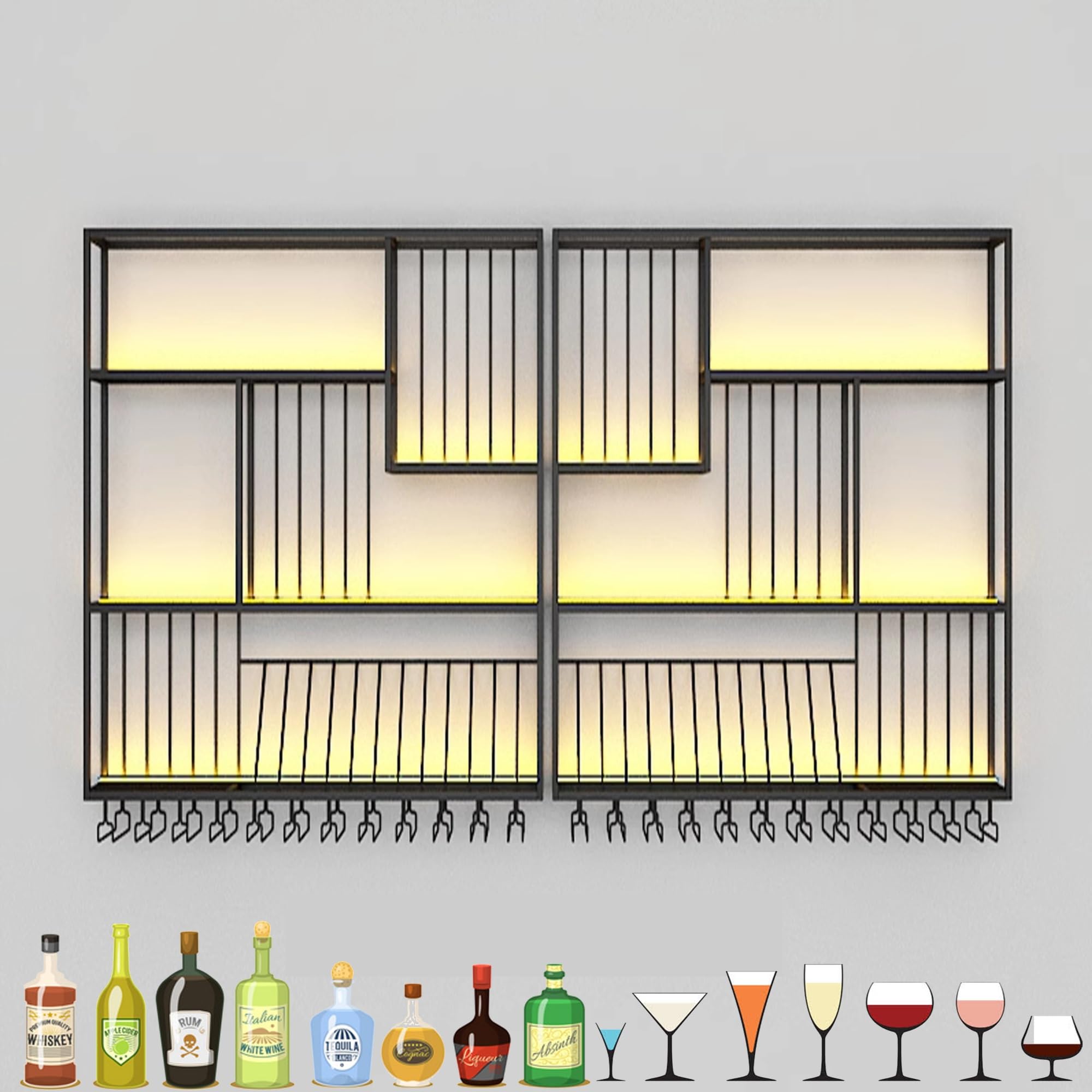 HSJFS Bar Regale Wein Rack Wand Montiert Mit Hängendem Wein Glas Halter Rack Liquor Flasche Display Regal Mit Led Licht Floating Bar Regale Counter Wein Rack Für Home Bar Esszimmer Cdekoration (Farbe: