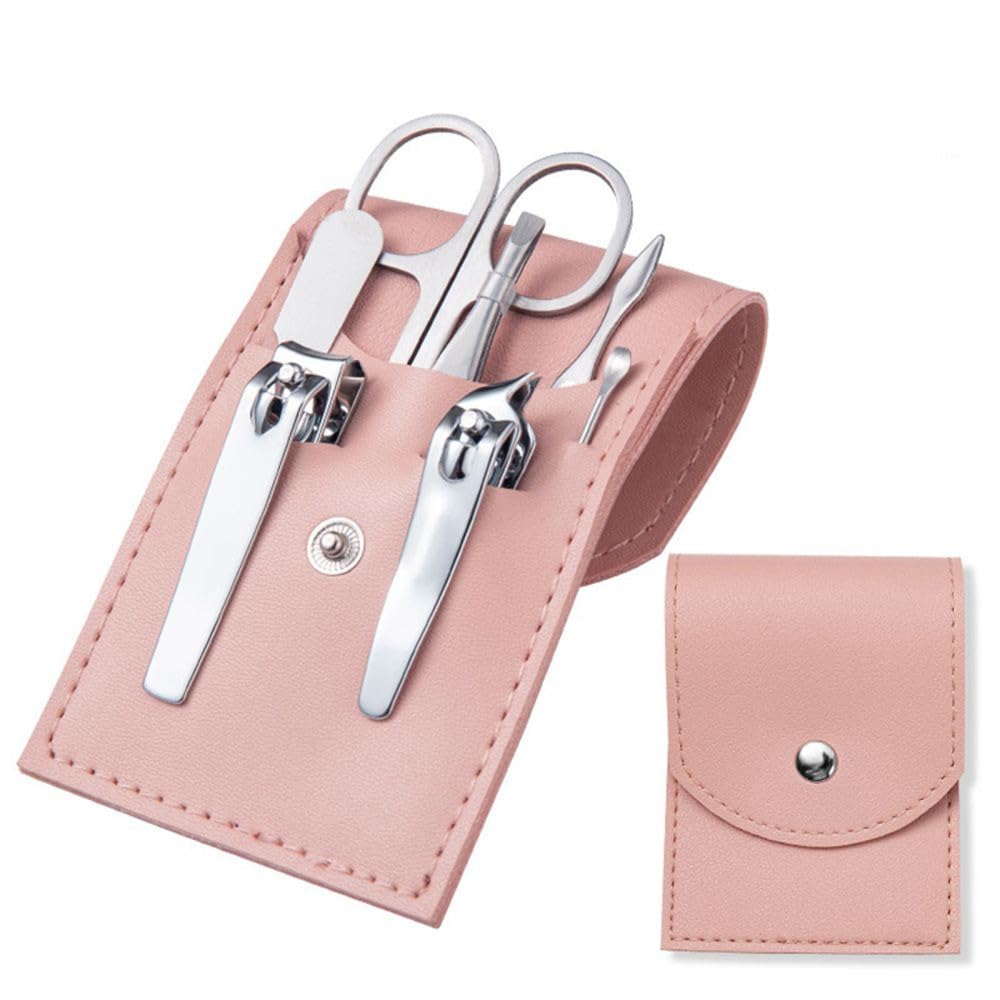 Tragbar mit PU-Ledertasche, Maniküre, Pediküre, Ohrlöffel, Pinzette, Nagelschere, Nagelknipser-Set, Nagelschneidewerkzeug, Nagelfeile, rosa, 7 Stück