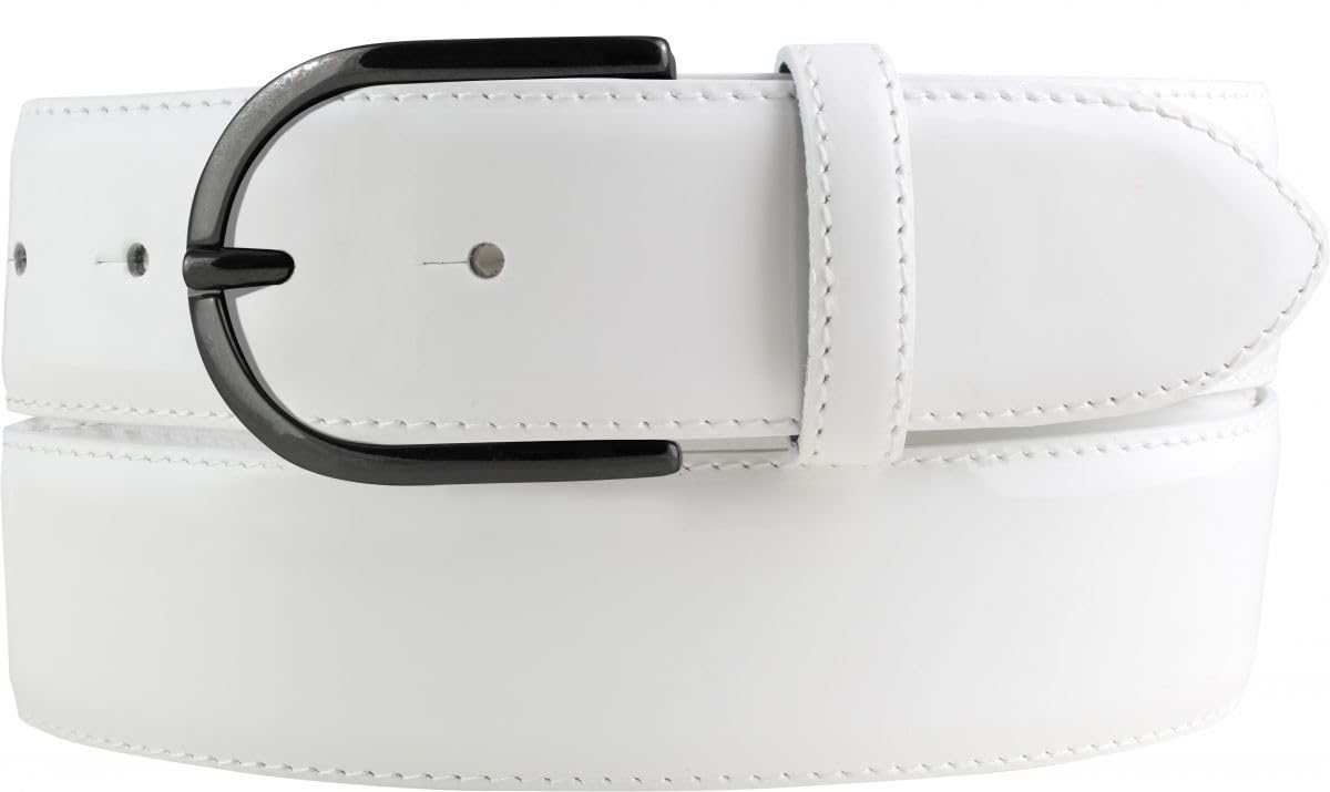 BELTINGER Lack-Gürtel aus Leder 4 cm | Glänzender Damengürtel 40mm | Eleganter Gürtel für Damen | Schwarze Gürtelschnalle | Weiß 100cm