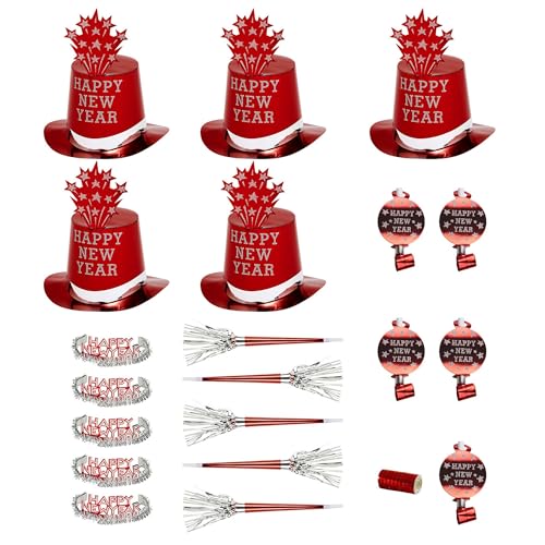 Widmann 8011G- Party-Set Happy New Year, Rot, Set aus 5 Partyhüten, 5 Kronen, 5 Partytrompeten, 5 Tröten und 1 Pack Luftschlangen, Silvester, Hut, Kopfschmuck, Accessoire, Mottoparty