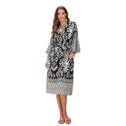 Zdprkqzvz Damen Kimono Cardigan Mit Offener Vorderseite Geometrischer Druck Lockeres Oberteil Mit Gürtel Langärmeliges Strandkleid Badeanzug Vertuschung