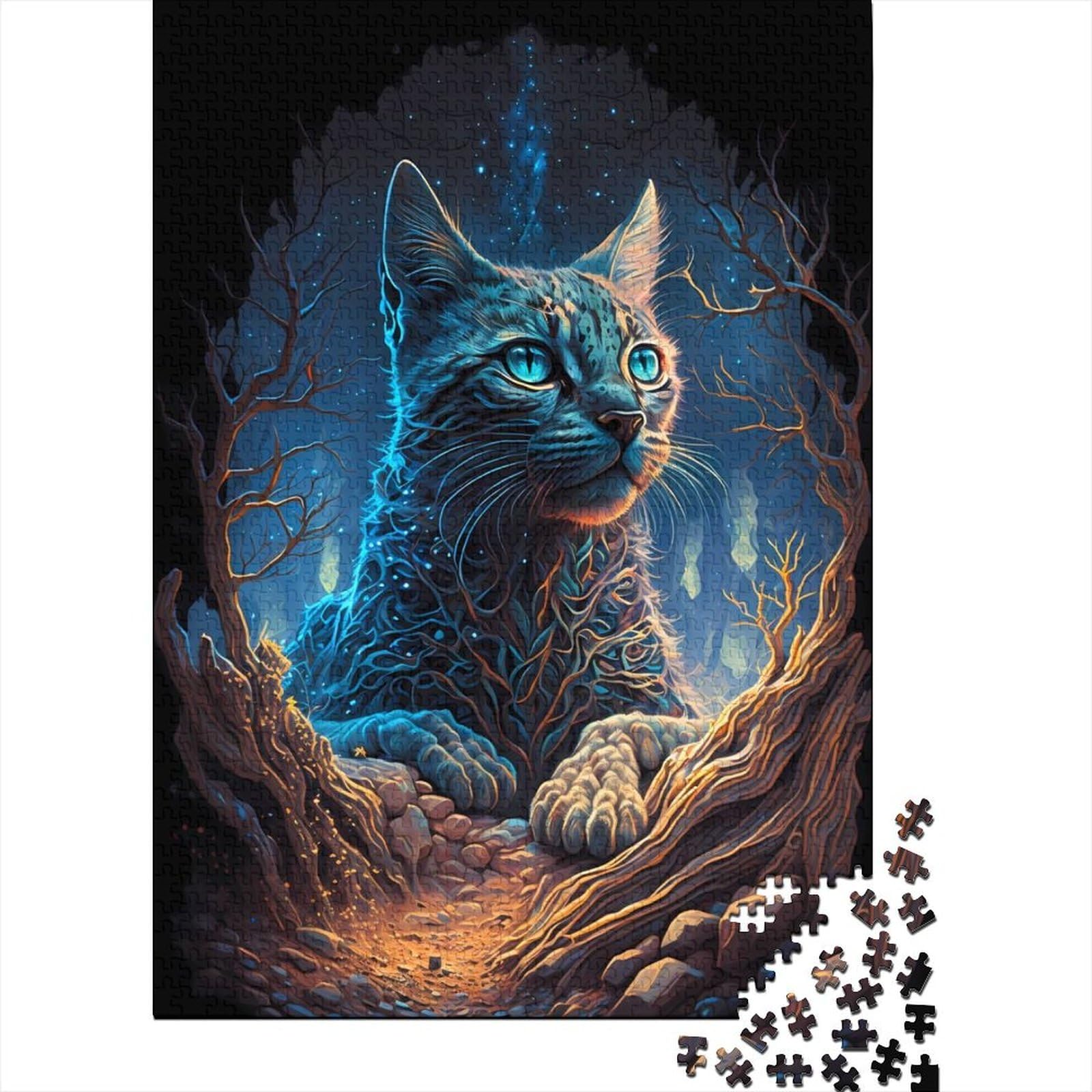 Mystische Savannenkatze, Holzpuzzle für Erwachsene, Puzzlespielzeug, Erwachsenenpuzzle 1000 Teile, Lernspiele, Heimdekorationspuzzle, 75x50cm