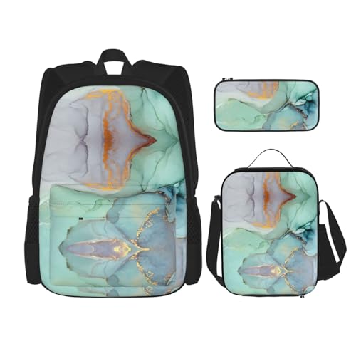 WURTON Bunter Marmor-Druck, Schulterrucksack, 3-in-1-Büchertaschen-Set, Lunchbox, Federmäppchen, Reise-Laptop-Tagesrucksäcke