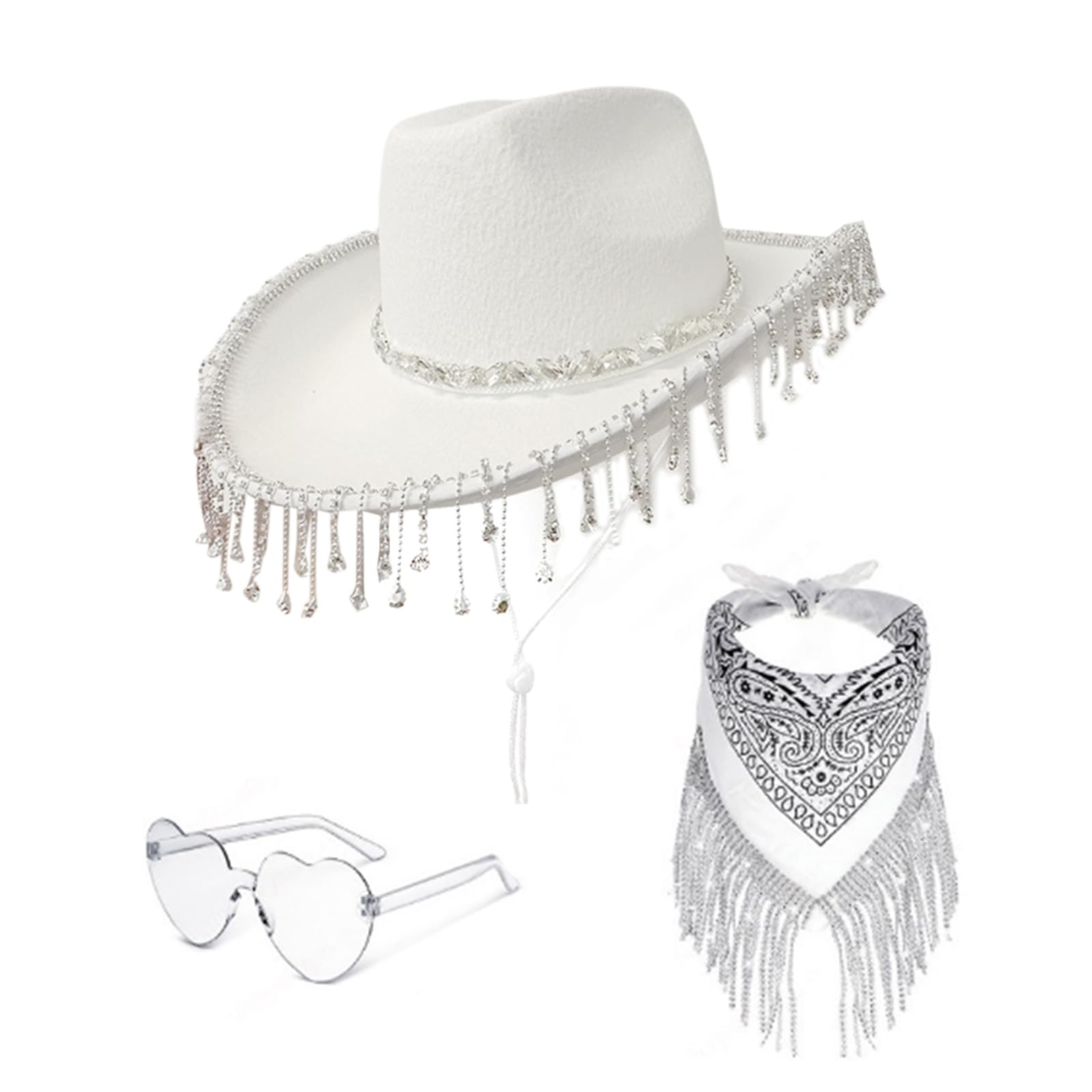 Halloween Cowboyhut für Damen Herren Westernhut Kopftuch Schal Herz Sonnenbrille Junggesellinnenabschied Kostüm Zubehör Strass Quasten Hut Sonnenbrille Schal Set