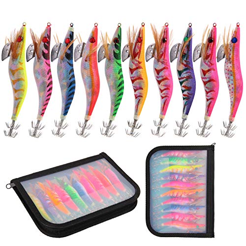 OROOTL Squid Jig Haken Fischköder Set - 10 STK Luminous Hard Fischköder aus Holz Garnelen Künstliche Köder Kit Glow Lures Octopus Tintenfisch Angelhaken