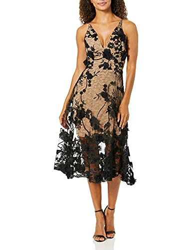 Dress the Population Damen Audrey Spaghetti Strap MIDI A-LINE 3D FLORAL Dress Kleid fr besondere Anlsse, Schwarz/Nude, X-Klein