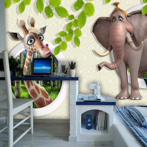 Grünes Blatt Cartoon Tier Giraffe Elefant 3D Tapete Poster Restaurant Schlafzimmer Wohnzimmer Sofa TV Dekorative Wand-200cm×140cm