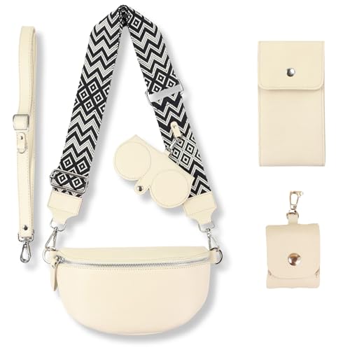 Blade Bauchtasche Damen Echtleder, stylisch Umhängetasche Damen, Crossbody Bag Damen mit 2 Gurten mit Komplettset (Brille Etui+Handytasche+Portemonnaie+AirpodsEtui) Creme (Klein/Opt-7)