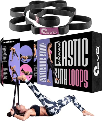 Yoga EVO Elastic Dehnungsband mit Schlaufen + Ebook & Video Übungen & Tragetasche (Black)