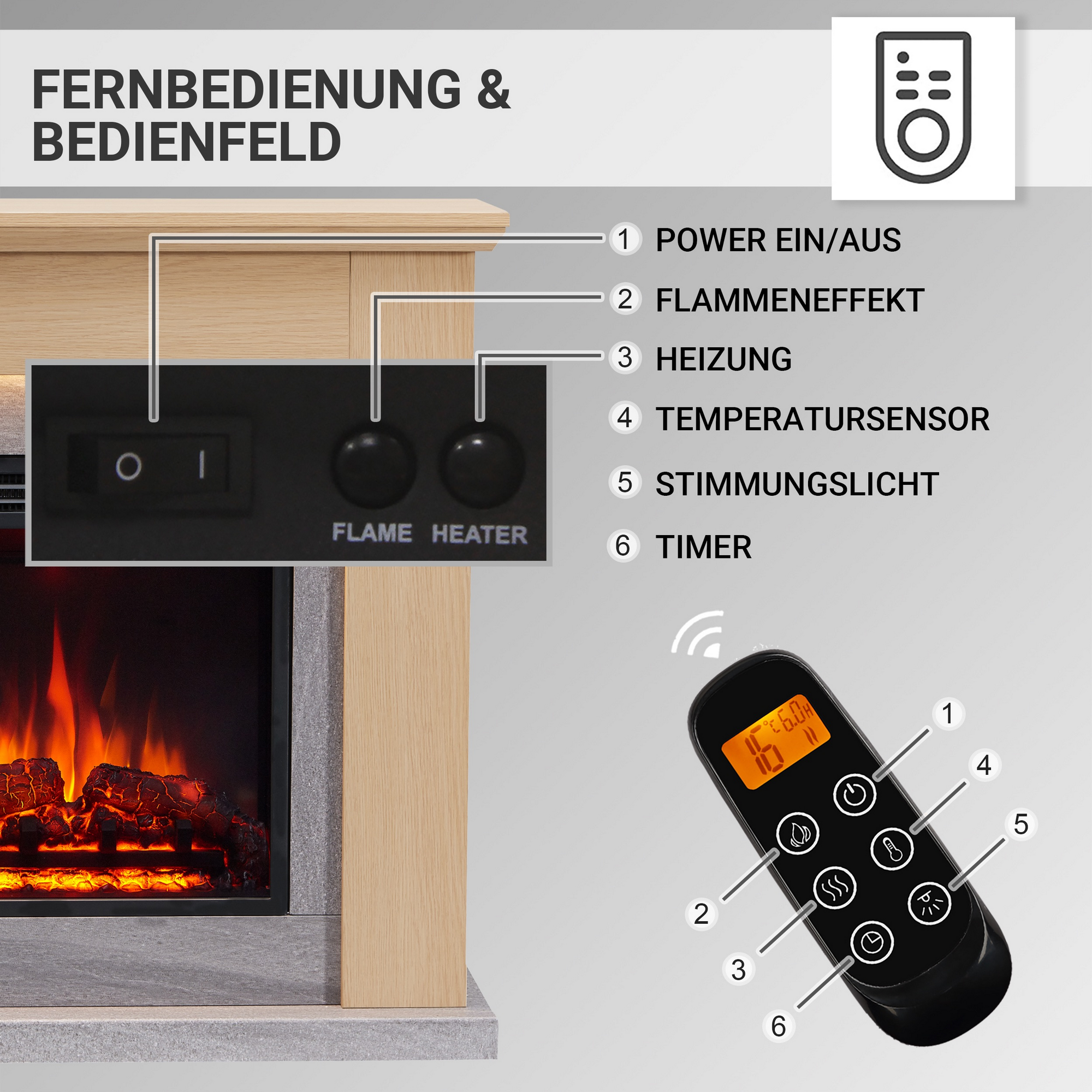 CrownFlame Elektro-Standkamin 'Pandora' helle Eiche 2000 W, 3D-Flammeneffekt Fernbedienung 89 x 88,3 x 25 cm 3