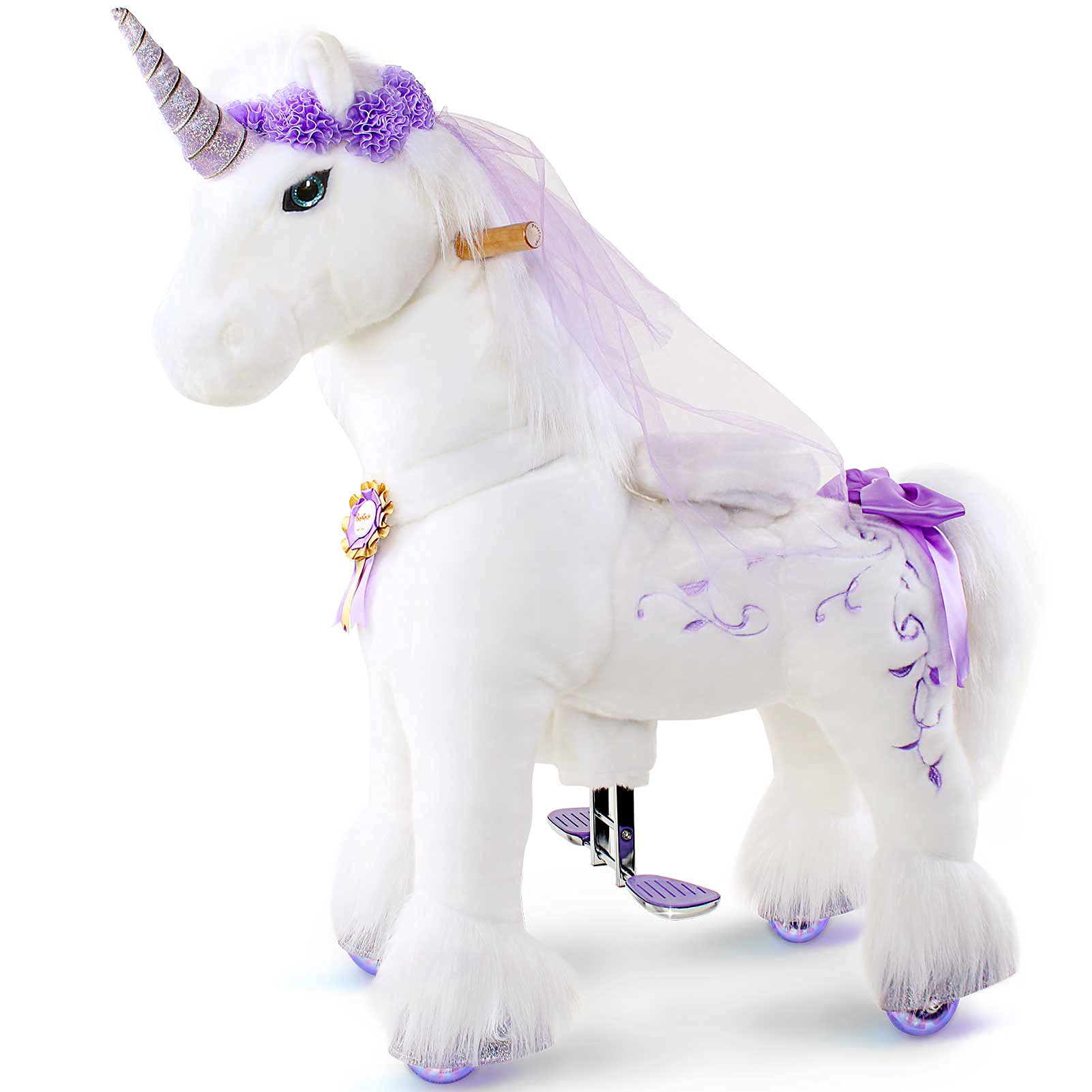 PonyCycle Offizielle Prämie Modell K Reiten auf Einhorn Spielzeug Plüsch Lauftier Einhorn mit lila Horn Größe 4 für Alter 4-8 Jahre Mittel K41