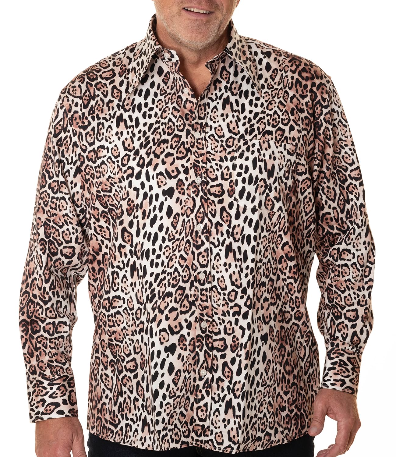 Herren 70er Langarm Hemd Leoparden Muster in Comfort Fit M