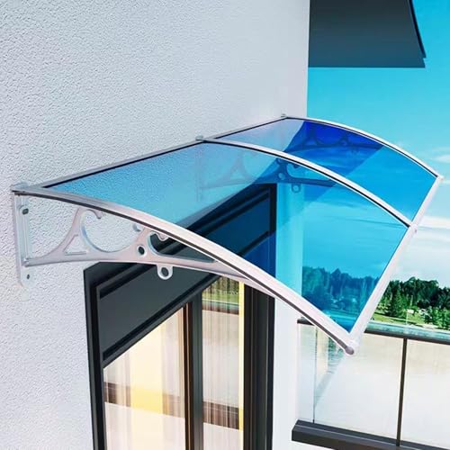 Blaue Vordach Haustür,Pultvordach Überdachung,UV-Schutz vor Regen und Schnee Vordach Haustürvordach aus Aluminium und Polycarbonat,Modernes Design,mit Zubehör,139 Größe (100x60cm/39 x24)