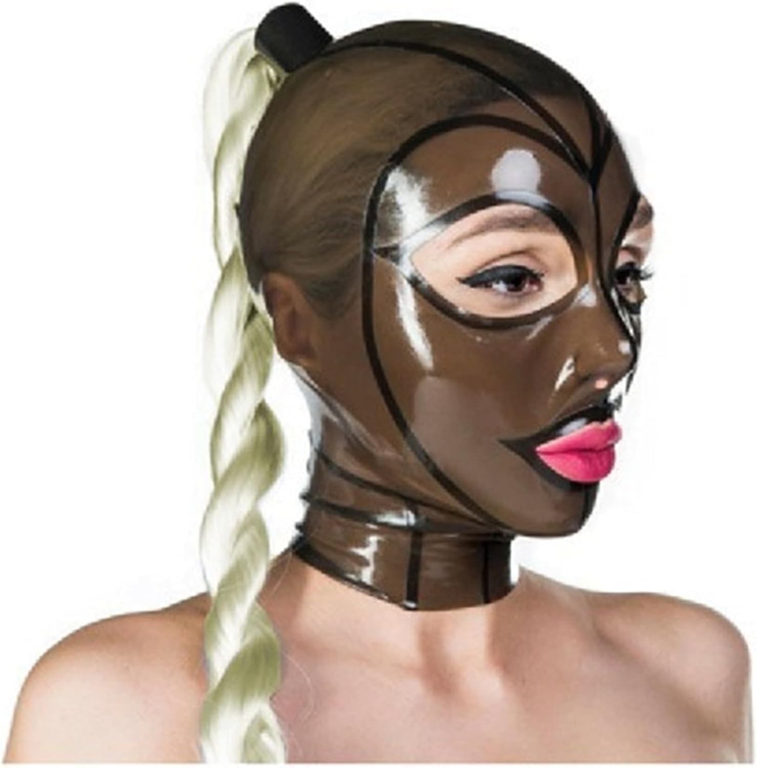 MAUXpIAO Fetisch Maske Sklaven Sexspielzeug Extrem BDSM Sexy Bondage Masken Latex Maske mit Zöpfen Sexspiel Sexy Latex Kopfbedeckung Latex Maske Cosplay Cosplay Schwarz Transparent spitze/A/XXL