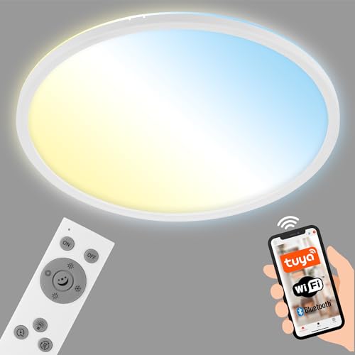 Briloner Leuchten - Smarte LED Deckenleuchte, Runde WiFi Wohnzimmerlampe, Backlight-Effekt, Farbtemperatursteuerung, dimmbare Deckenlampe mit Fernbedienung, Sprachsteuerung, LED Panel, weiß, Ø42 cm