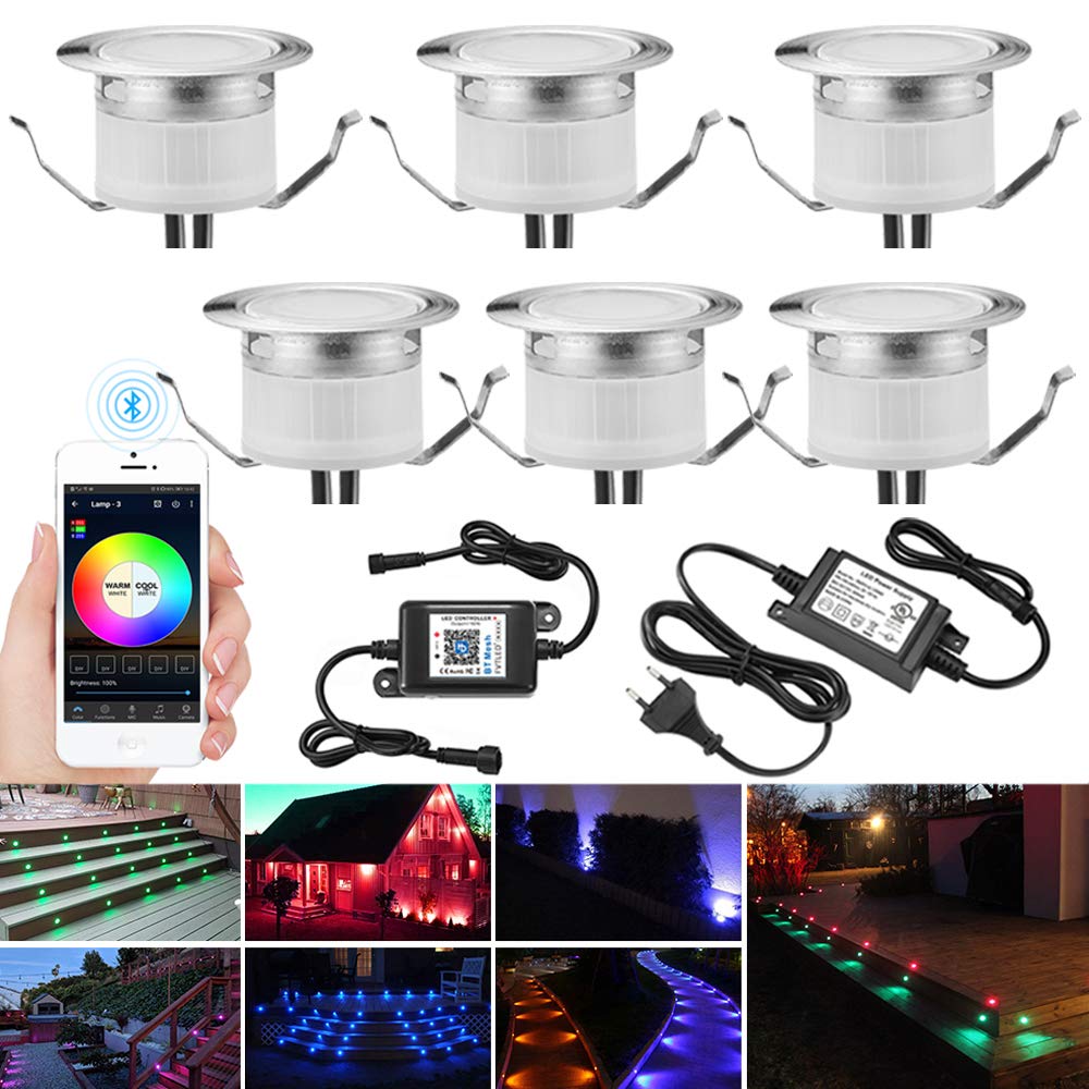 INDARUN Bluetooth LED Bodeneinbauleuchten Aussen RGBW 6er Set, Ø31mm Terrasse Einbaustrahler, Led Terrassenbeleuchtung IP67 Wasserdicht Boden Licht für Küche Garten Treppen