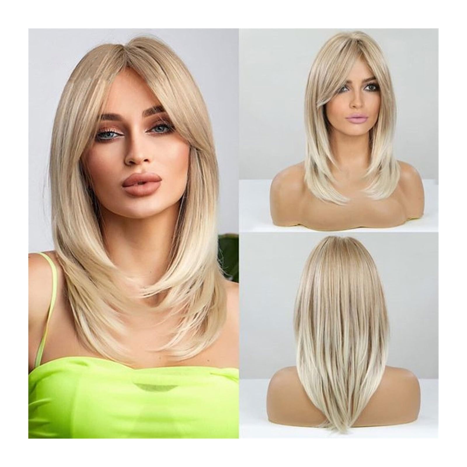 Perücken Lange blonde geschichtete Perücken for Frauen, synthetische Perücke mit Pony, natürlich aussehendes glattes Hochtemperaturhaar for den Alltag Die besten Perücken aus Echthaar