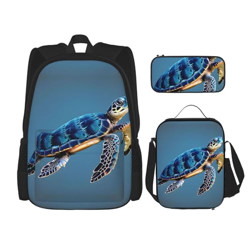 WURTON Blue Sea Turtle Pint Print Lunchbox Federmäppchen Rucksack Set 3 Stück Verstellbare Träger Langlebig Leicht, Schwarz, One Size