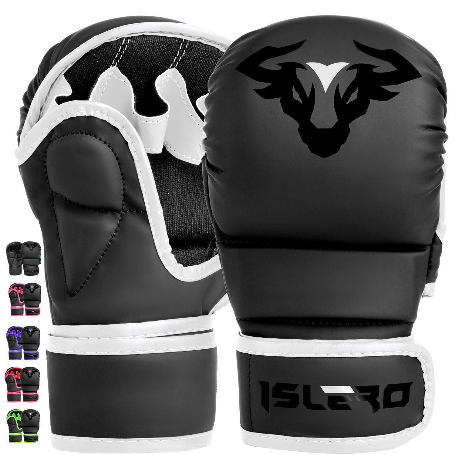 Islero Fitness-Handschuhe, mattschwarz, Martial Arts Mitts Grappling Sparring Herren Muay Thai Cage Fighting Boxing Combat Sports Damen rosa UFC Boxsack Training (weiß, mittel)