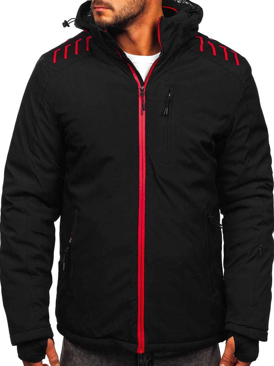 BOLF Herren Winterjacke Skijacke Snowboardjacke mit Reißverschluss und Kapuze Bündchen Outdoor Freizeit 6580 Schwarz S [4D4]