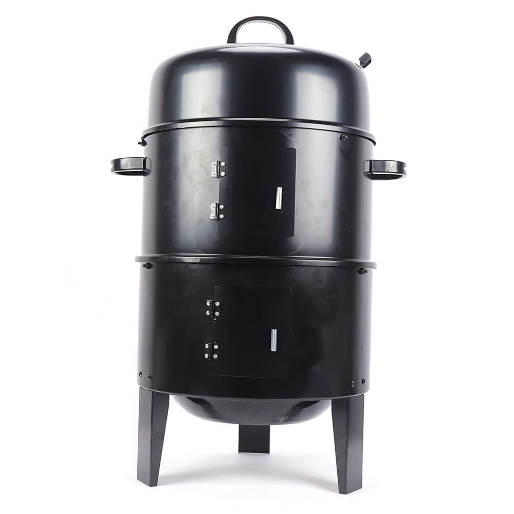 2 Lagen Räuchertonne 3 in 1 Mobiler Räucherofen Smoker Grill Mit Thermometer 2 Enamel-Becken Geeignet für Gegrilltes Fleisch Speck Salami Hähnchenflügel und Andere Delikatessen