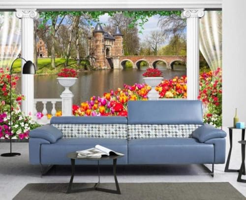 Flüsse Architektur Bunte Tulpen 3D Tapete Poster Restaurant Schlafzimmer Wohnzimmer Sofa TV Dekorative Wand-150cm×105cm