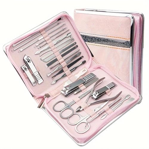 Maniküre Set 26-teiliges Nagelknipser-Set aus Edelstahl for den Haushalt, Nagelschneider, Anzug mit Box, Trimmer, Pflege, Maniküre, Pediküre, Nagelwerkzeuge Profi Nagelknipser Set(Pink)