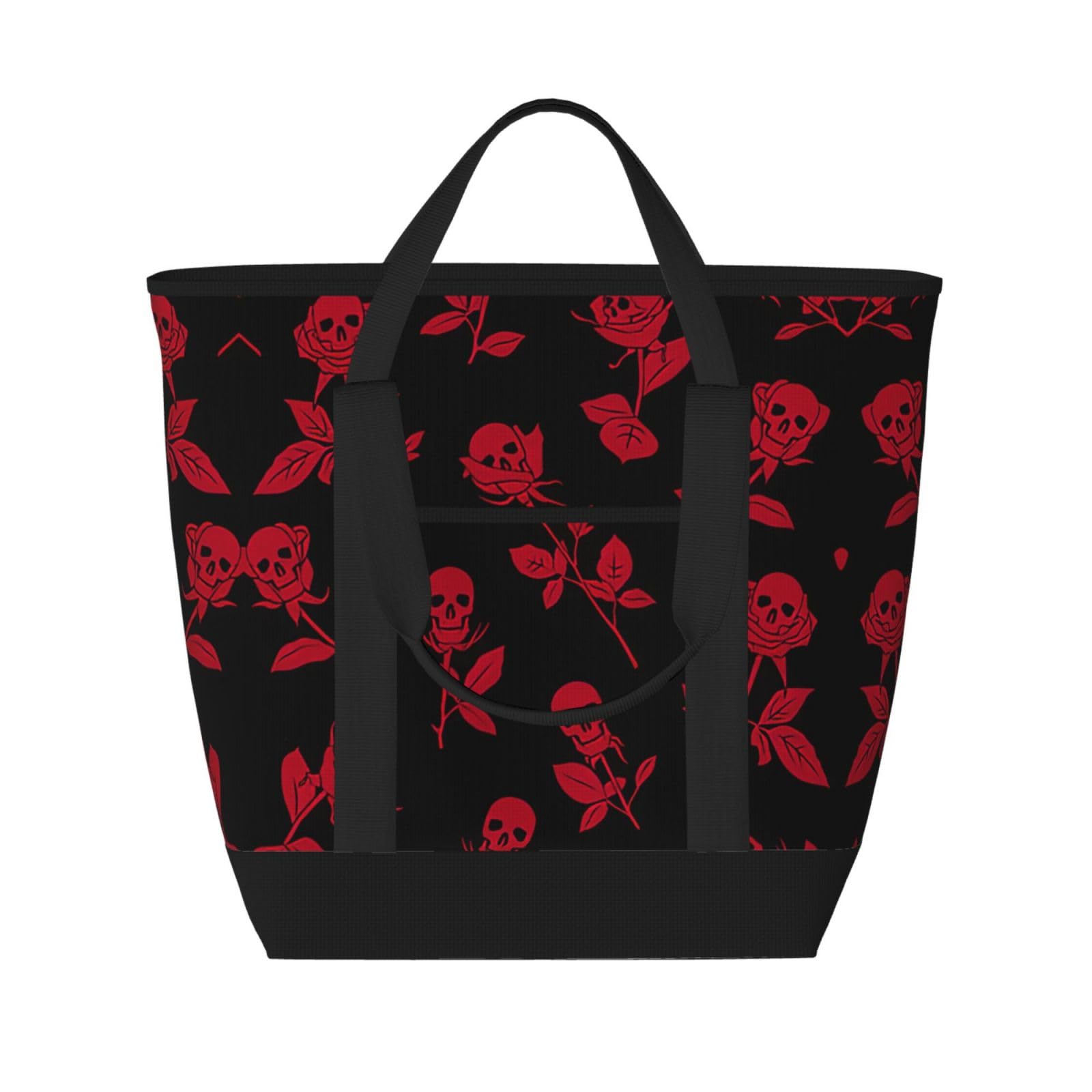 YQxwJL Totenkopf-Rosen-Druck, große Kapazität, isolierte Lunchtasche, wiederverwendbare Einkaufstasche mit Reißverschluss für Damen und Herren