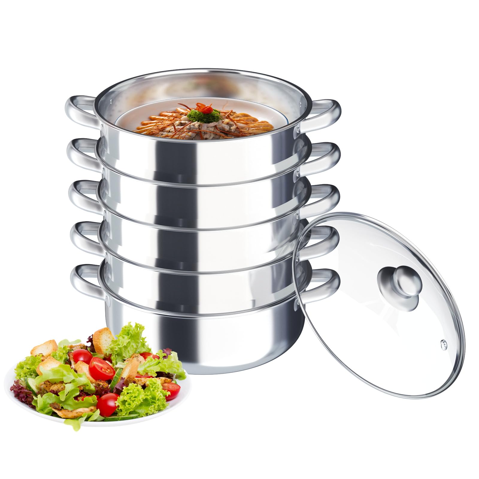 Edelstahl Dampftopf, 5 Schicht Dampfgarer Mit Glasabdeckung, Großer Dampfgarer Haushalt Kommerzieller Dampfgarer Suppentopf, Steamer Dampfkocher, für Zuhause Kochgeschirr (Silber, 30cm)