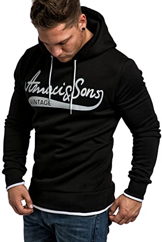 Amaci&Sons Herren Basic Kapuzenpullover Sweatjacke Pullover Hoodie Sweatshirt 4062 Schwarz/Weiß S