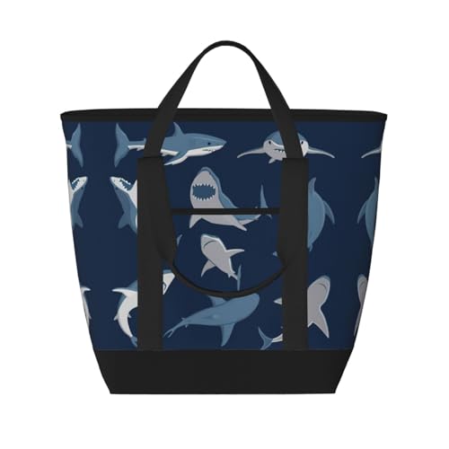 YQxwJL Blaue Einkaufstasche mit Cartoon-Hai-Druck, große Kapazität, isolierte Lunchtasche, wiederverwendbare Einkaufstasche mit Reißverschluss für Damen und Herren