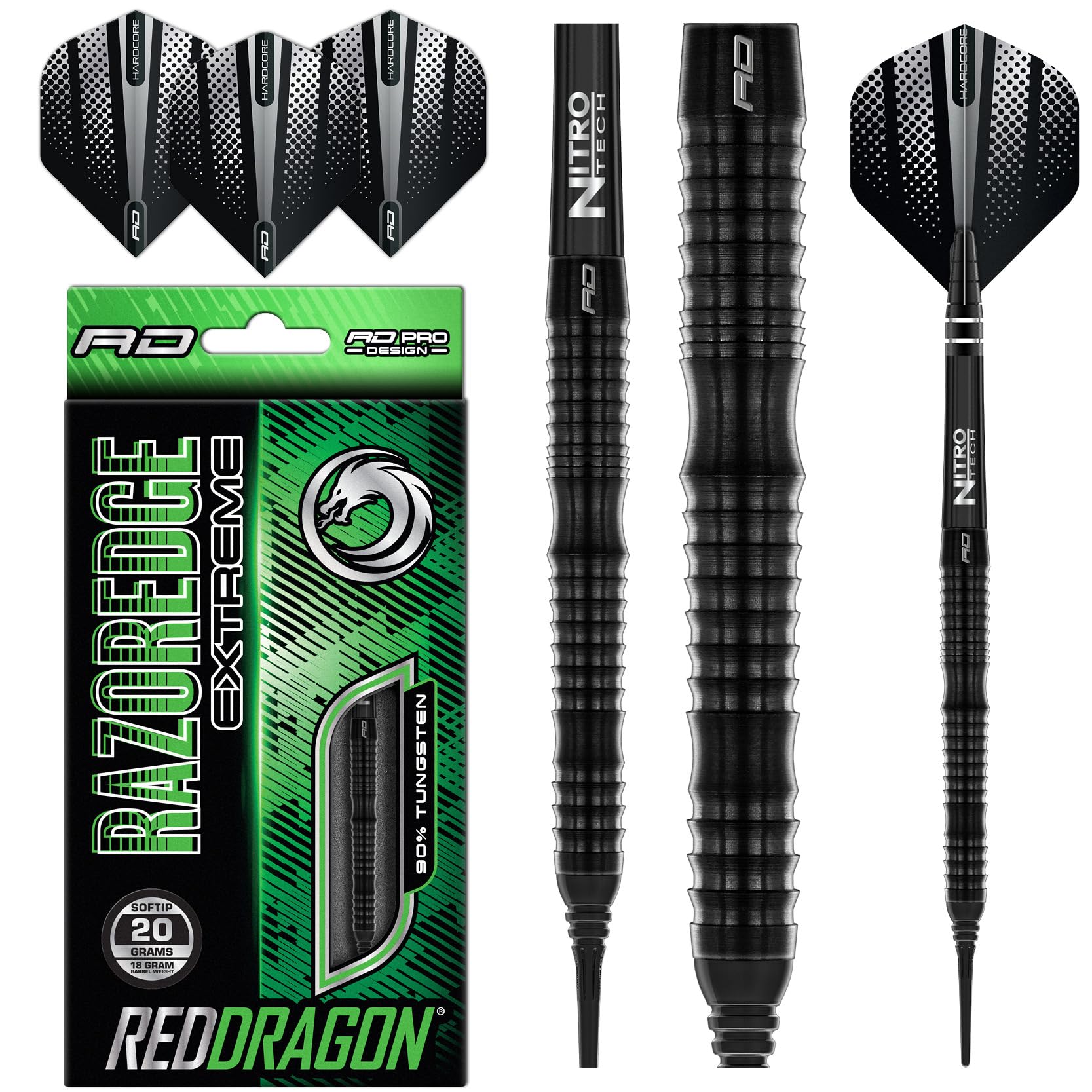 RED DRAGON Razor Edge Extreme 18 Gram Softip Professional Tungsten Darts Set with Flights and Stems