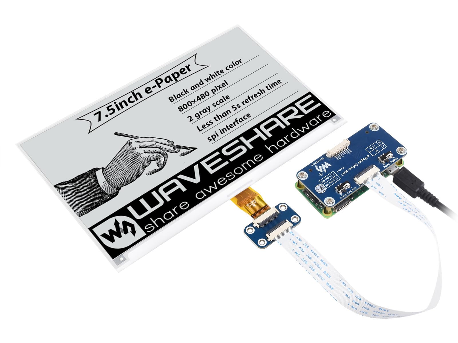 Waveshare 7.5 Inch E-Paper Display Hat Module V2 Kit 800x480 Resolution 3.3v/5v E-Ink Electronic Screen with Embedded Controller SPI Interface Compatible with Raspberry Pi/Jetson Nano/Arduino/STM32