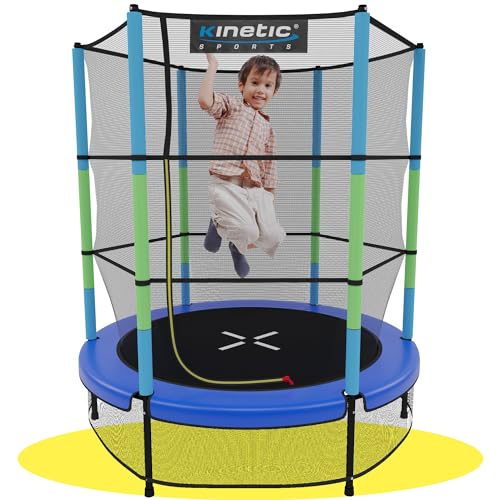 Kinetic Sports Trampolin Kinder Indoortrampolin Jumper 140 cm Randabdeckung Stangen gepolstert, Gummiseil-Federung Sicherheitsnetz Blau