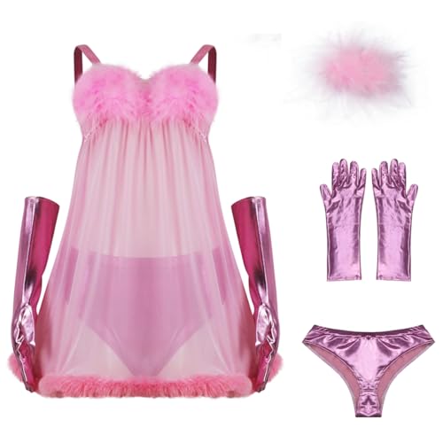 AYYOHON Fembot Kostüm Kleid Damen Sexy Roboter Kleid Feder Dessous Set Rosa Nachthemd mit Handschuhen Kopfbedeckung L