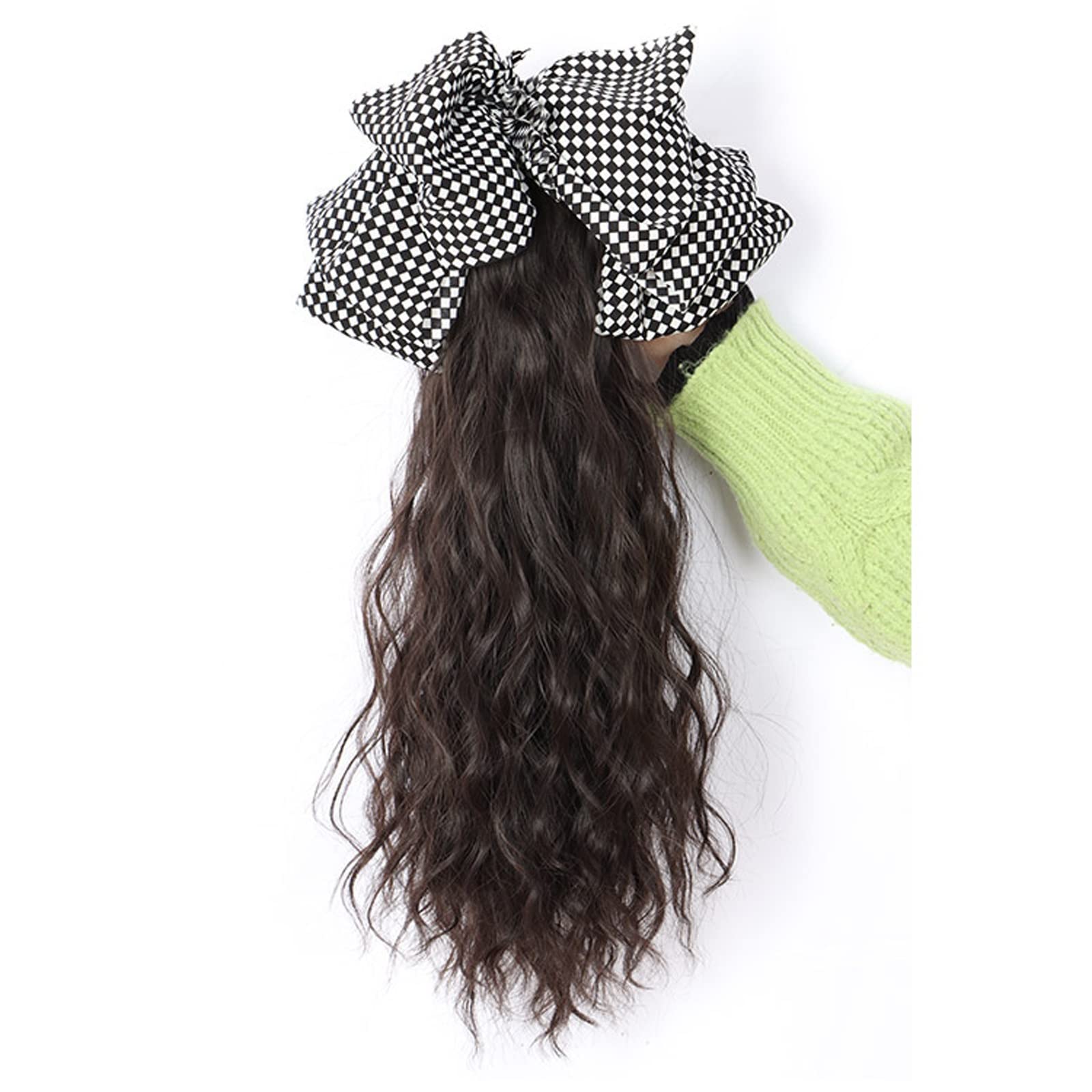 Perücken für Frauen Perücke Pferdeschwanz Schleife Haarschmuck Mädchen Greifclip Wasser Ripple Pferdeschwanz Zopf Hochwertige Perücke für die Tägliche Party Cosplay Tragen(Brown-black,Checkerboard bow