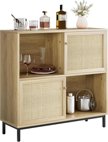 ThinkMax Sideboard Schrank, Anrichte Rattan, Kommode Holz, Buffetschrank, Küchenschrank mit Schiebetür, Rattan Tür, 2 Offenem Fach, Kaffeebarschrank, Küchenbuffet für Wohnzimmer Küche Esszimmer, Natur