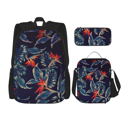 WURTON Schulterrucksack, Motiv: Hawaii, tropische Blumen, 3-in-1, Büchertaschen-Set, Lunchbox, Federmäppchen, Reisen, Laptop, Tagesrucksäcke, Schwarz, Einheitsgröße