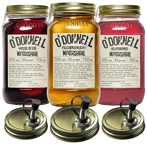 O'Donnell Moonshine Geschenkset | Geschenkbox | Premium Likör nach amerikanischer Tradition | 3 x 700ml | Natürliche Zutaten | Vegan | mit Ausgießer (Passionsfrucht/Blutorange/Wilde Beere)