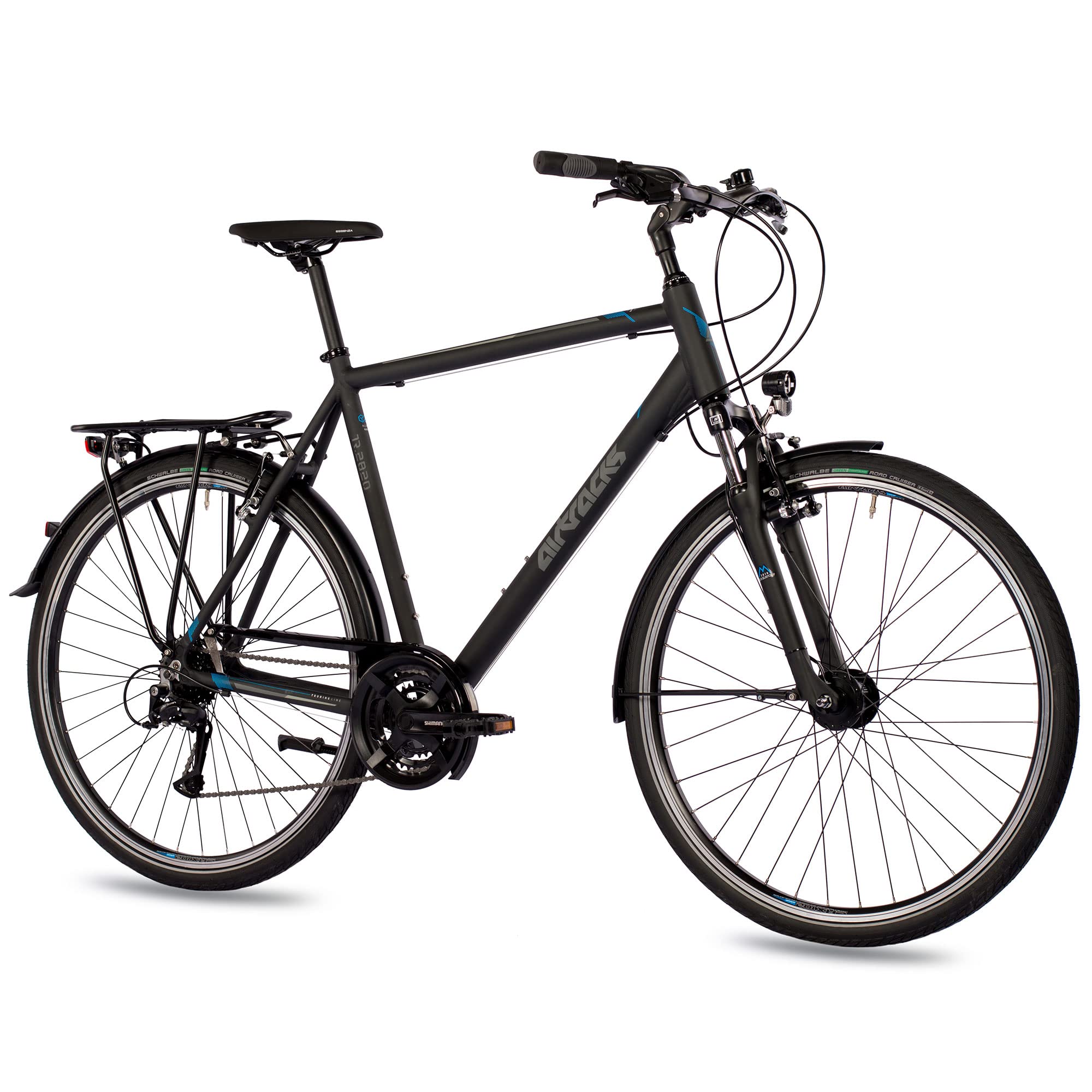 Airtracks Herren Trekking Fahrrad 28 Zoll Trekkingbike TR.2820 Trekkingrad City Bike 24 Gang Shimano ACERA RD-T3000 Kettenschaltung Nabendynamo Schwarz Matt - 56cm Körpergröße 175-185 cm