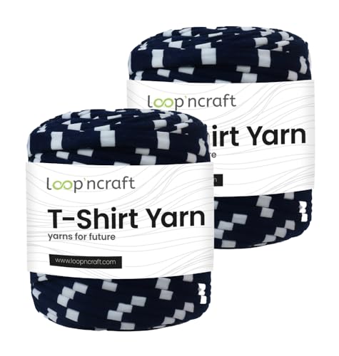 Textilgarn 2er-Set, Marineblau – Weiße Streifen, Loopncraft, 2 X 750g, T-Shirt Yarn, Recyling Garn