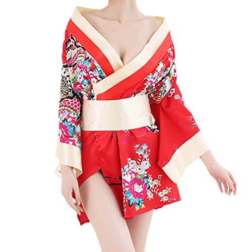 Erwachsene Kurz Kimono Kostüm Robe Sexy Floral Tiefer V-Ausschnitt Satin Nachtwäsche Bademantel Japanische Bademantel Nachtwäsche Outfit, rot, Large