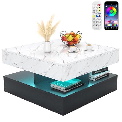 Altsuceser Quadratischer Couchtisch, LED-Couchtisch für Wohnzimmer, 2-stöckig, moderner Mitteltisch, Couchtisch mit Plug-in-LED-Licht, Cocktail-Teetisch für Zuhause, Büro, Empfangsraum, Weiß