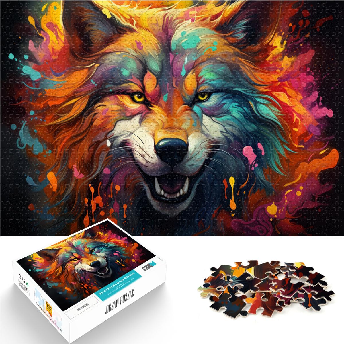 Puzzle, Lernspiele, Bunter Psychedelischer Feuerwolf für Erwachsene, 1000-teiliges Puzzle, Lernspiele, Holzpuzzle, Puzzeln als Geschenk, 1000 Teile (50 x 75 cm)