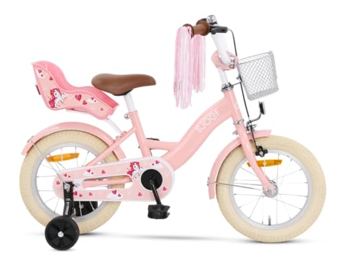 SJOEF Dolly Kinderfahrrad 14 Zoll | Kinder Fahrrad für Mädchen/Jugend | Ab 2-7 Jahren | 12-18 Zoll | inklusive Stützräder (Rosa)